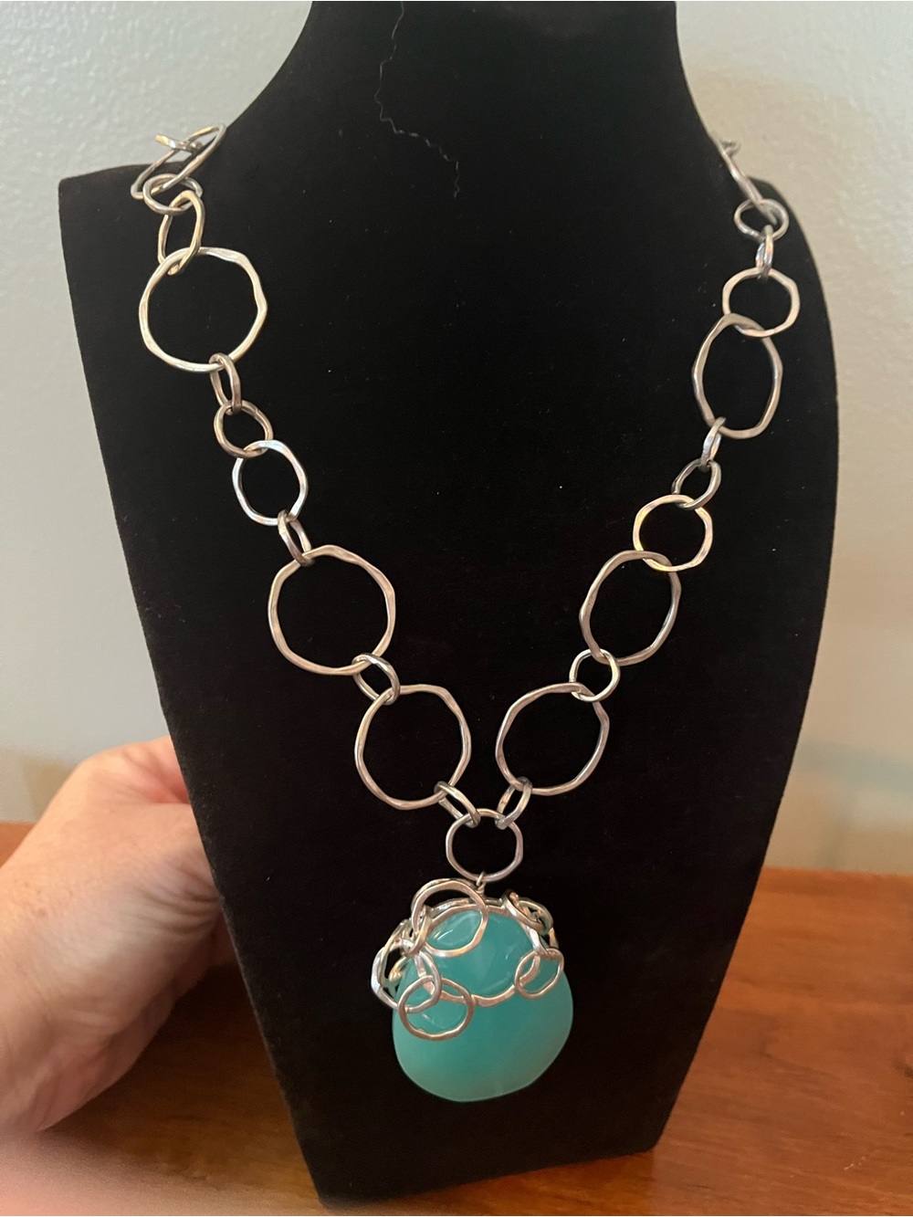 Lia Sophia Silver Link Necklace with Teal Pendant